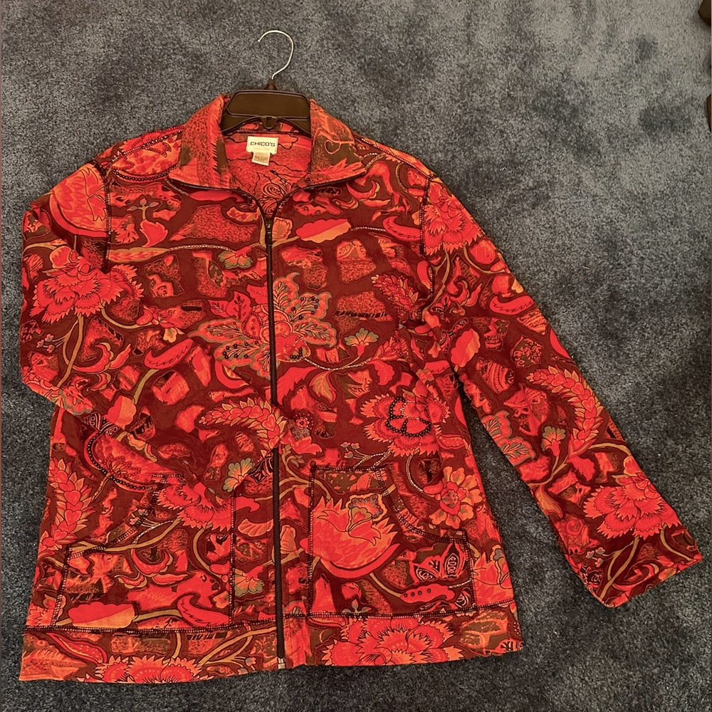 Orange floral paisley Chico’s brand lightweight zip up jacket
